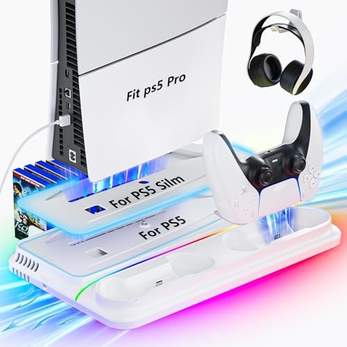PS5/ Slim/Pro Stand and PS5 Cooling Station with Dual Controller Charger 3 Level Fan ,3 USB Hub Fast Charge drive 9 RGB Light hard Slim Stand for All Disc & Digital Console Playstation Vita Upgraded