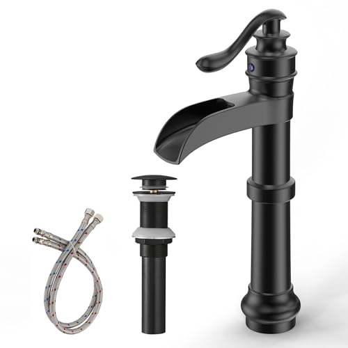 Vessel Sink Faucet, Oil Rubbed Bronze Black Bathroom Faucet, Farmhouse Waterfall Sink Faucet Single Hole with Pop Up Drain Assembly Without Overflow One Hole Mixer Tap Deck Mount