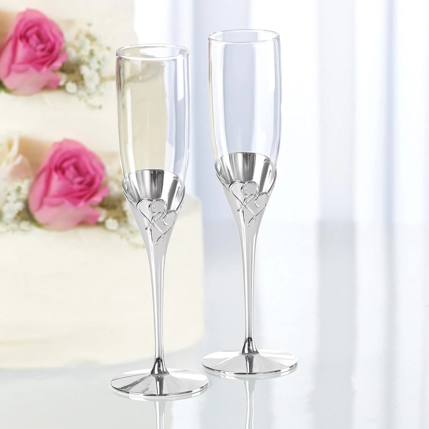 Love Silver Mrs And Mrs Wedding Champagne Flutes, Set Of 2 Engraved Champagne Toasting Glasses For Bride And Bride, Same LGBT Couples 812613