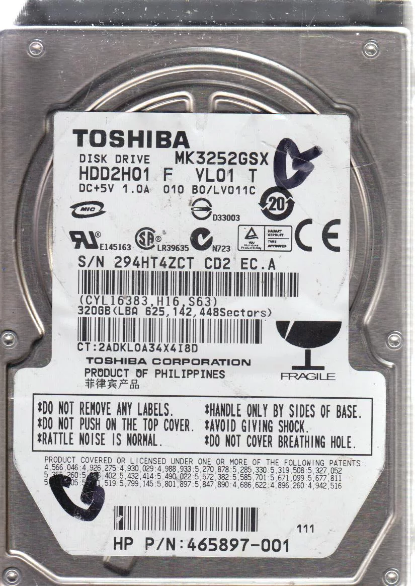 MK3252GSX, B0/LV011C, HDD2H01 F VL01 T, Toshiba 320GB SATA 2.5 Hard Drive