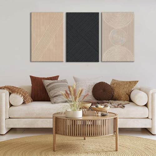 Bwodke Framed Neutral Abstract Wall Art Modern Minimalist Line Canvas Poster Prints Set of 3 Boho Beige Black Brown Geometric Texture Decor Picture Painting Living Room Bedroom Office 16