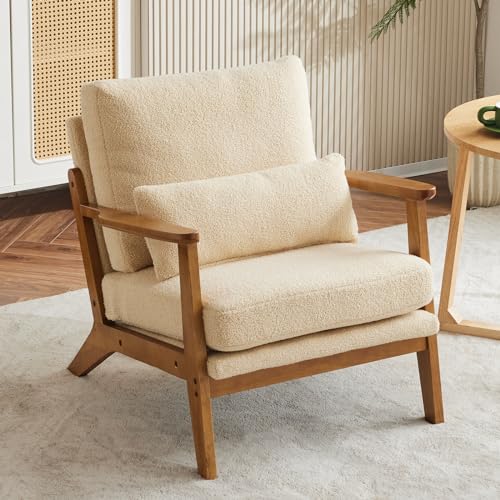 VINGLI Solid Wood Wide Armrests Accent Chair,Upholstered Mid Century Modern Chair with Pillow,Comfy Reading Chair Farmhouse Arm Chair,Chairs Living Room,Bedroom,Guest Room,Linen Fabric,Beige