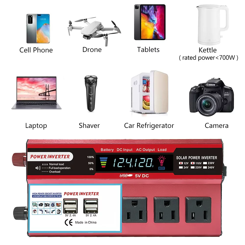 3000W Car Power Inverter, Modified Sine Wave Inverter DC 12V to AC 110V 3 AC Converter with LCD Display, 4x2.4 A USB Ports Car Charger, 1 Cigarette Lighter Ports, Red