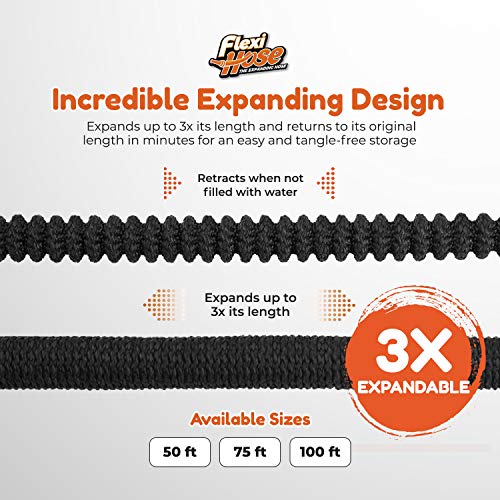Flexi Hose Upgraded Expandable Garden Hose 50 ft Extra Strength 3/4 Solid Brass Fittings - The Ultimate No-Kink Flex 50 ft Water Hose (Black, 50FT)
