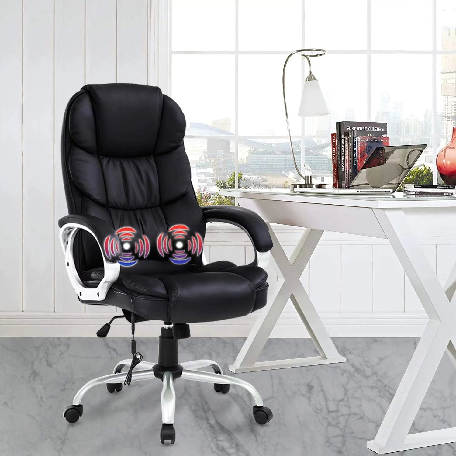 Dkelincs Executive Office Chair Big and Tall Leather Computer Chair Ergonomic Massage Desk Chair Heavy Duty Swivel Task Chair High Density Sponge Seat & Back Chair with Padded Armrest