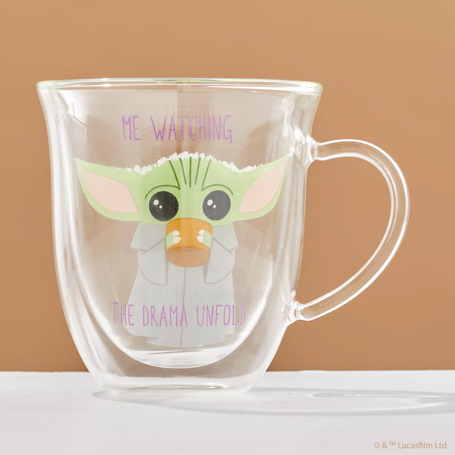 JoyJolt Star Wars The Mandalorian Watching the Drama Novelty Mug Double Wall Glass Coffee Mugs - 13.5 oz - Set of 2