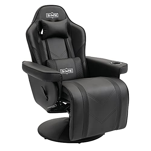 S*MAX Gaming Recliner Chair for Adults Higher Back Wider Lumbar Support Swivel PU Leather with Adjustable Backrest and Footrest Larger Cup Holder Side Pouch Gamer Chairs Black White X Large