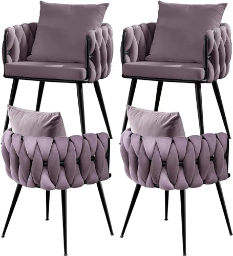 Velvet Dining Chairs Set of 2, Woven Modern Upholstered Kitchen Chairs, Luxury Leisure Desk Chairs with Pillow Metal Legs Makeup Accent Side Chair for Vanity Living Dining Room (Blue, Set of 2)