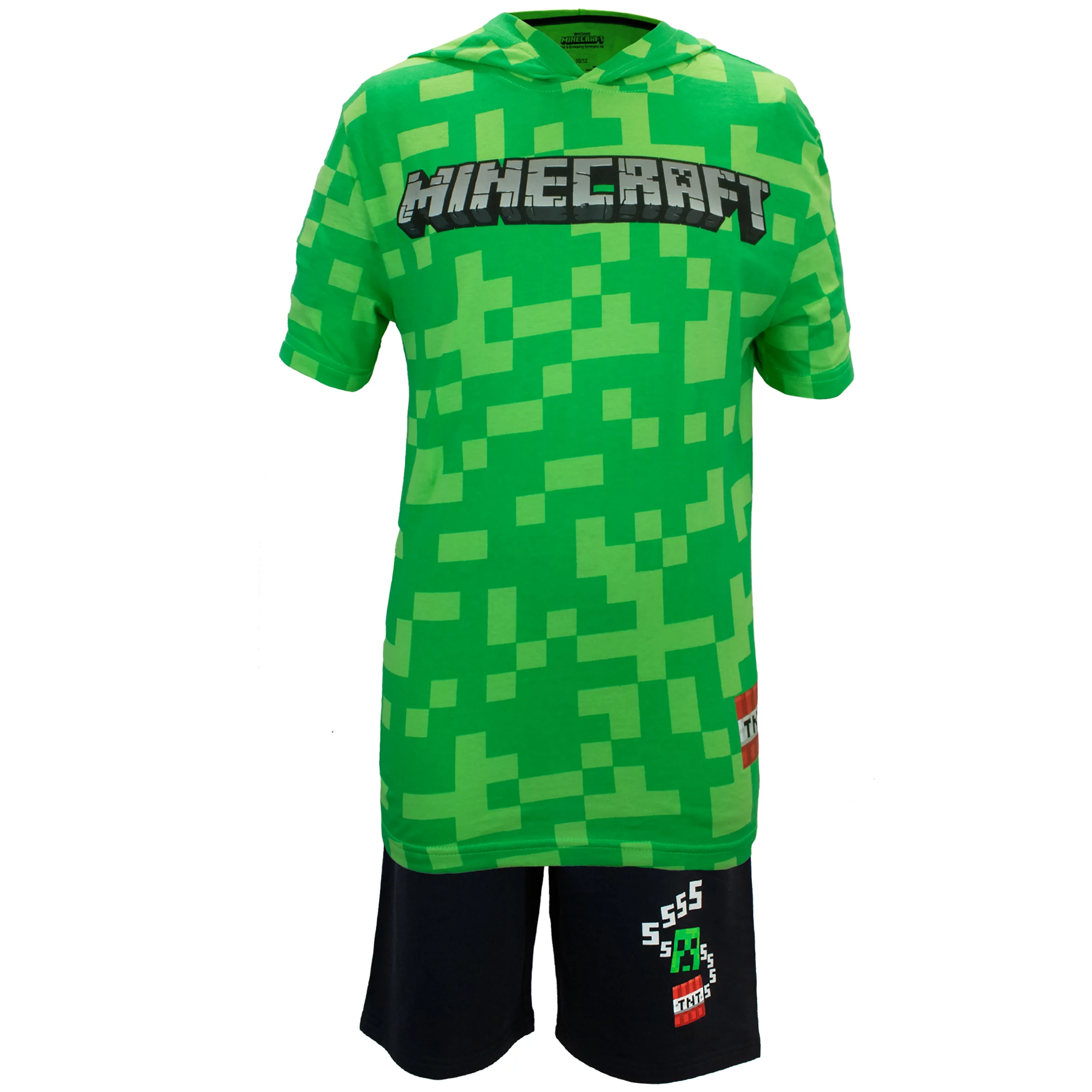 Minecraft Boys Costume Short Set with Black TNT Short and Mincraft Logo on Green Hooded T-Shirt (Sizes 4-16)