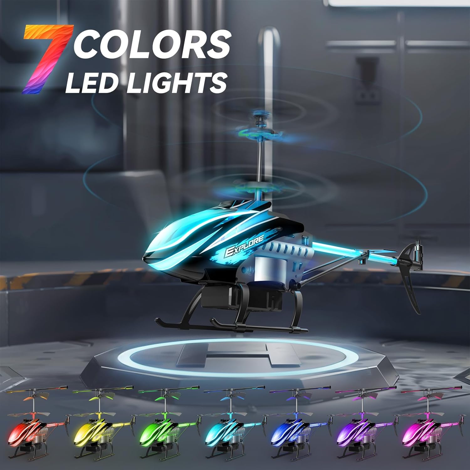 RC Helicopter Remote Control Helicopter for Kids Indoor Play 7+1 LED Light Modes, 30Mins Flight, Upgraded Gyro Stabilizer, Auto Hover, 3.5 Channel, One Key Start/Land, Auto Rotation, Circle Fly, Blue
