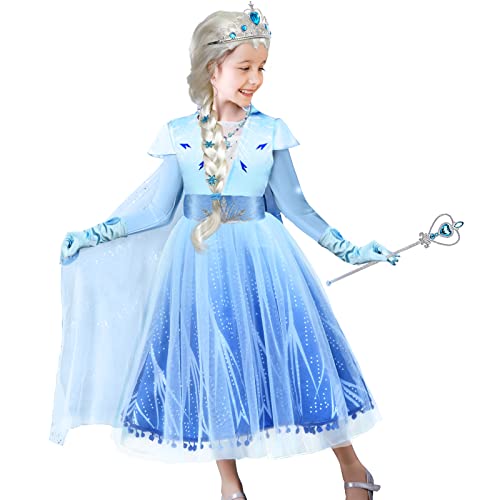 Tacobear 10Pcs Princess Costume Dress For Girls Kids Toddler Snow Princess Dress Up Clothes for Little Girls with Accessories Gloves Crown Wands Wig Necklace for 8-9Y Kids Christmas Birthday Party