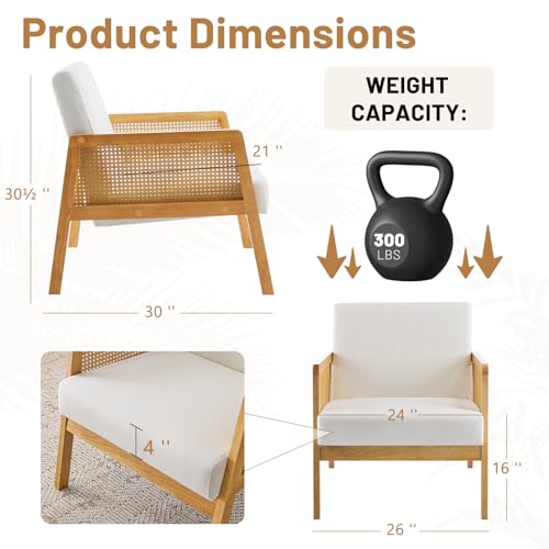 Linen Fabric Accent Chair for Living Room Set of 2, Rattan Webbing Reading Chair with Sturdy Wood Frame, Upholstered Lounge Armchairs for Bedroom, Indoor & Outdoor, Patio Furniture, Beige