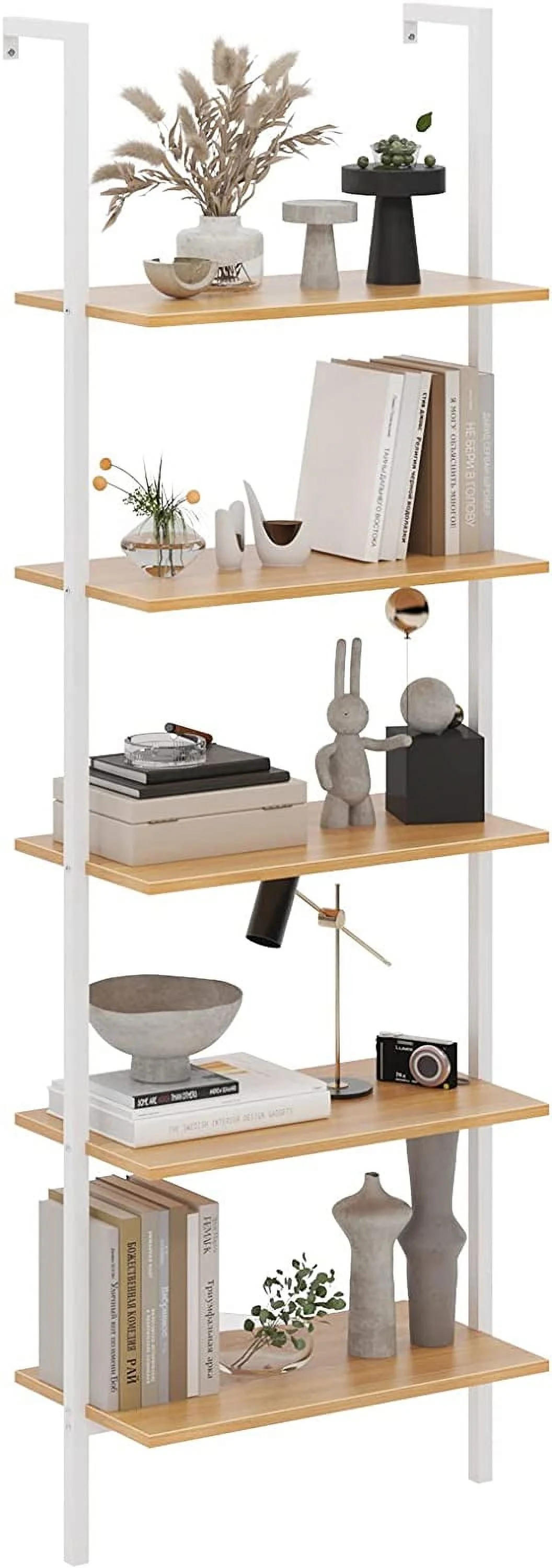 KHBIULIFE Industrial Wall-Mounted Ladder   5-Tier Modern Bookshelf with Industrial Metal Frame  Bookcase Organize Plant Flower Display Stand for Kitchen  Living-Room  Bedroom  Office