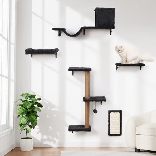 5-in-1 Cat Wall Shelves, Multi-Level Cat Climbing Furniture, Perch & Lounge for Indoor Cats, Space-Saving Wall Mounted Cat Shelves for Play & Rest (Natural Wood) - Gray