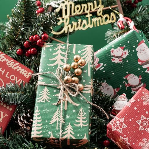 RUSPEPA Christmas Kraft Wrapping Paper - Owl, Reindeer, Christmas Ball and Text Design - 4 Rolls - 30 inches x 10 feet per Roll