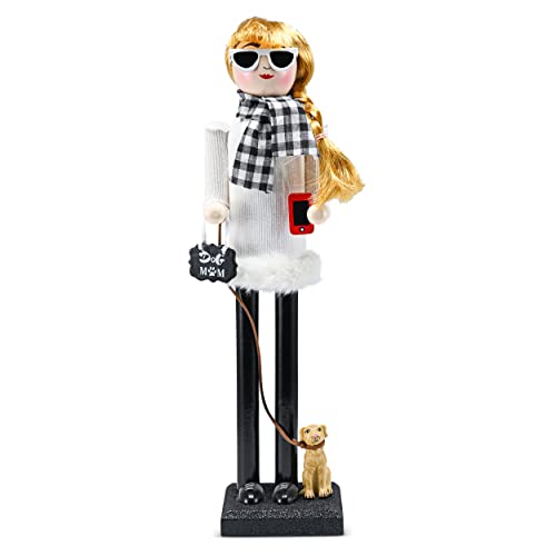 Ornativity Christmas Dog Mom Nutcracker – White and Black Wooden Nutcracker Woman with Dog on Leash and a Smartphone in Hand Xmas Themed Holiday Nut Cracker Doll Figure Decorations 15