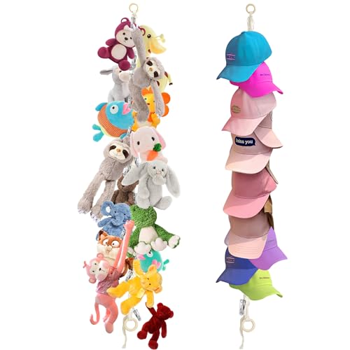 2pcs Stuffed Animal Storage Chain - Boho Stuffed Animal Hammock with 40pcs Metal Clips, Stuff Animal Organizer Hanging Storage for Kids Bedroom Wall Door Display
