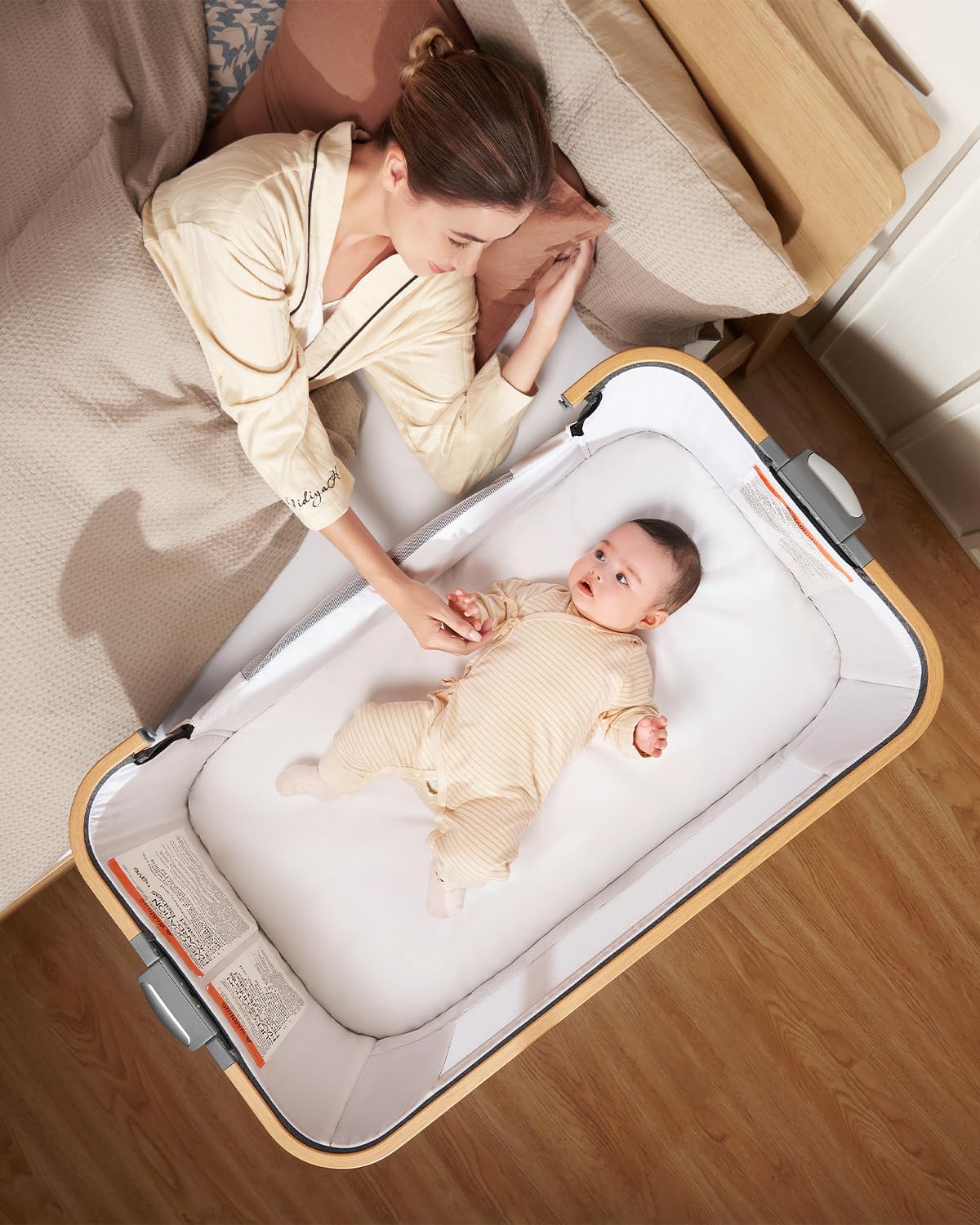 Cozy2, Bedside Bassinet,Travel Bassinet with Bigger Wheels Portable Bassinet Sleeper with Skin-Friendly Mattress,5 Height Adjustable Bedside Crib for Baby - Wood