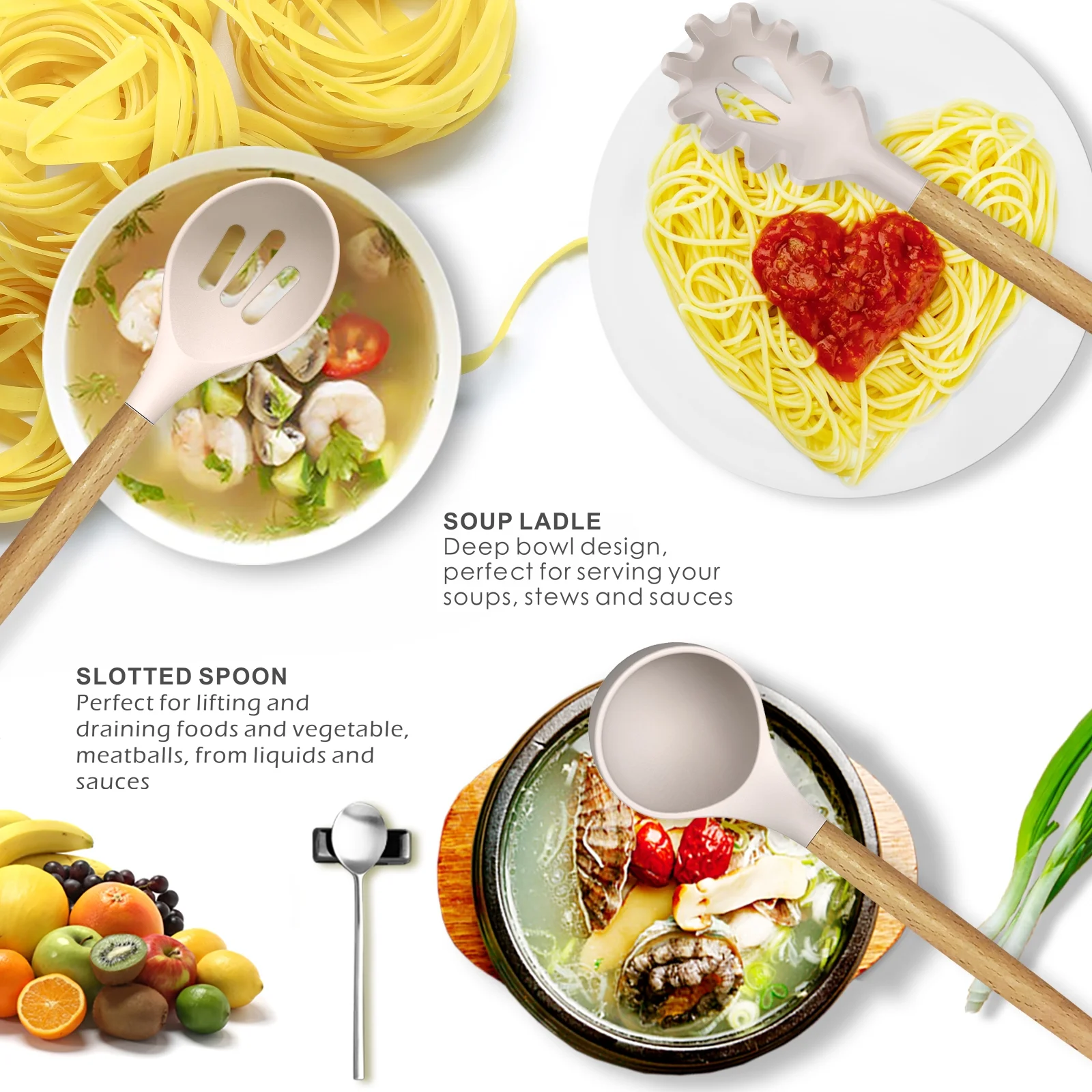 oannao Silicone Cooking Utensils Set - 446°F Heat Resistant Silicone Kitchen Utensils for Cooking,Kitchen Utensil Spatula Set w Wooden Handles,Holder, BPA FREE Gadgets for Non-Stick Cookware (Khaki)