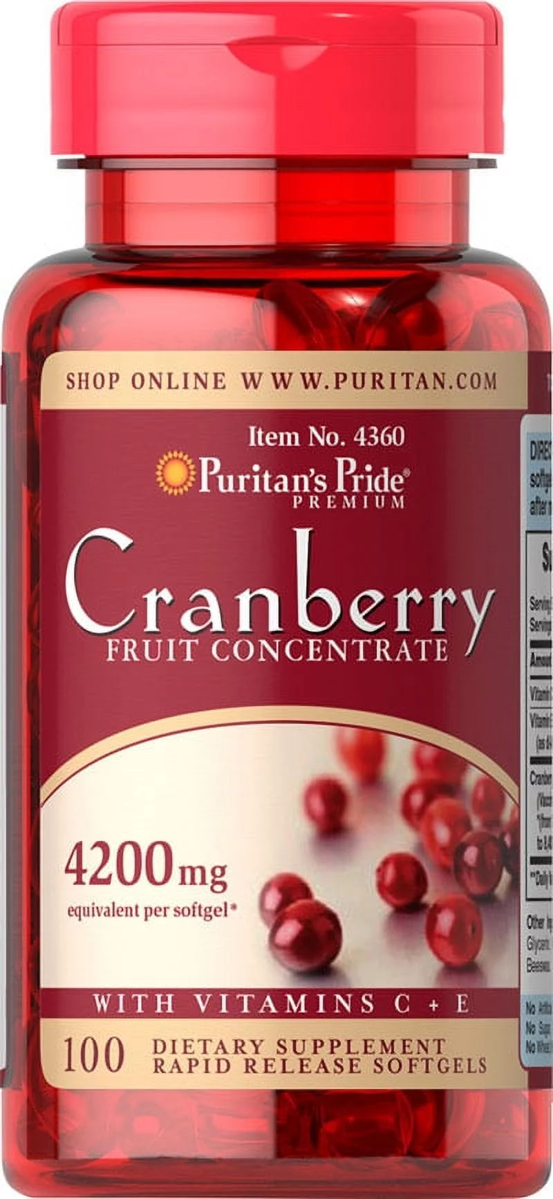 Puritan's Pride Cranberry Fruit Concentrate with C & E 4200 mg 100softgel