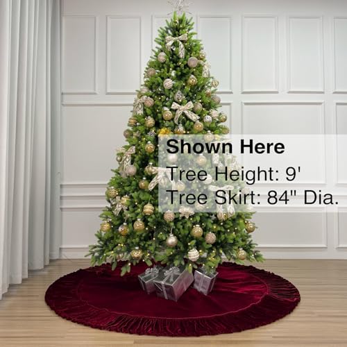 60-Inch Ruffled Velvet Christmas Tree Skirt with Foam Padding, Nylon Backing and Lace-Up Tie Closure, Burgundy