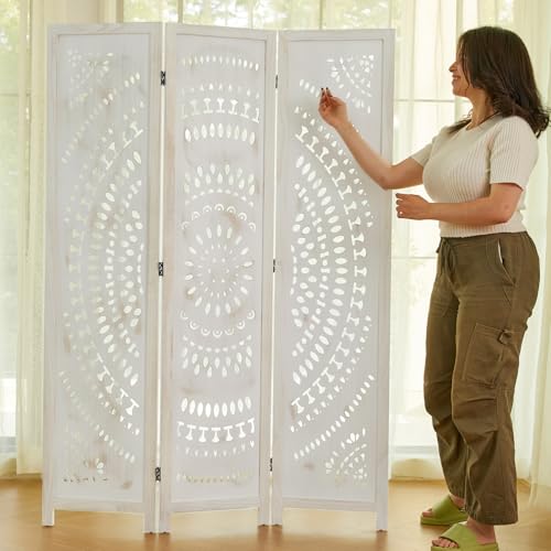 Room Divider Wood Carved Wall Divider Indoor Folding Bohemian Style Portable Partition Screen for Home Office Garden Terrace - 6 Panels (Antique, White-Washed)