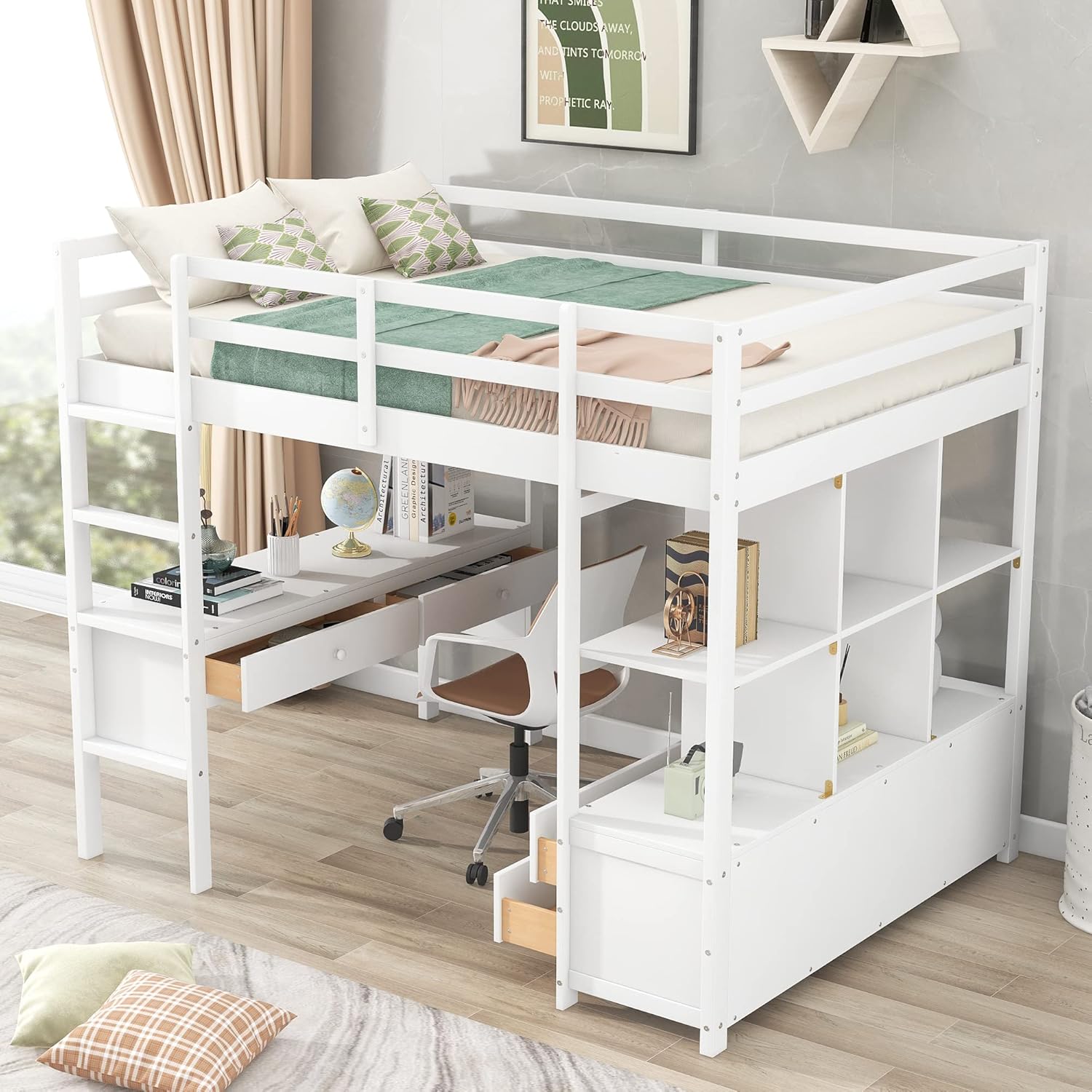 Full Size Loft Bed with Built-in Desk, 2 Drawers and Storage Shelves, Wooden FullLoft Bed Frame with Guardrails for Kids Teens Adults, White