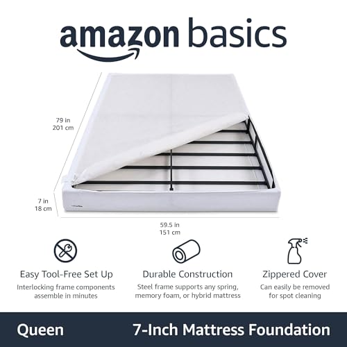 Amazon Basics Smart Box Spring Bed Base, 7-Inch Height Mattress Foundation, Tool-Free Easy Assembly, Queen, 79
