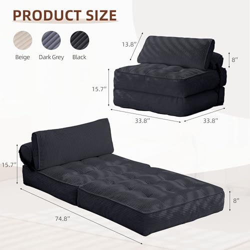 GYUTEI Folding Sofa Bed, Convertible Sleeping Chair with Backrest Support and Soft Corduroy Fabric，Fold Couch Bed with Pillow for Small Spaces/Living Room/Bedroom/Apartment, Single Size,Black