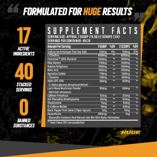 Huge Supplements Wrecked Pre-Workout, 30G+ Ingredients Per Serving to Boost Energy, Pumps, and Focus with L-Citrulline, Beta-Alanine, Hydromax, and No Useless Fillers, 40 servings