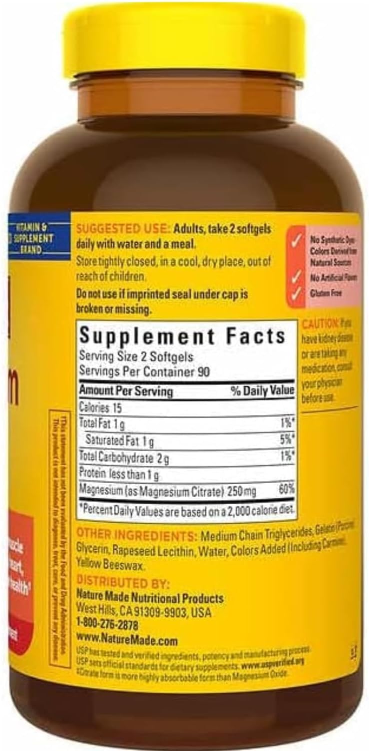 Nature Made Magnesium Citrate 250 mg Dietary Supplement,180 Count Softgels Pack of 1