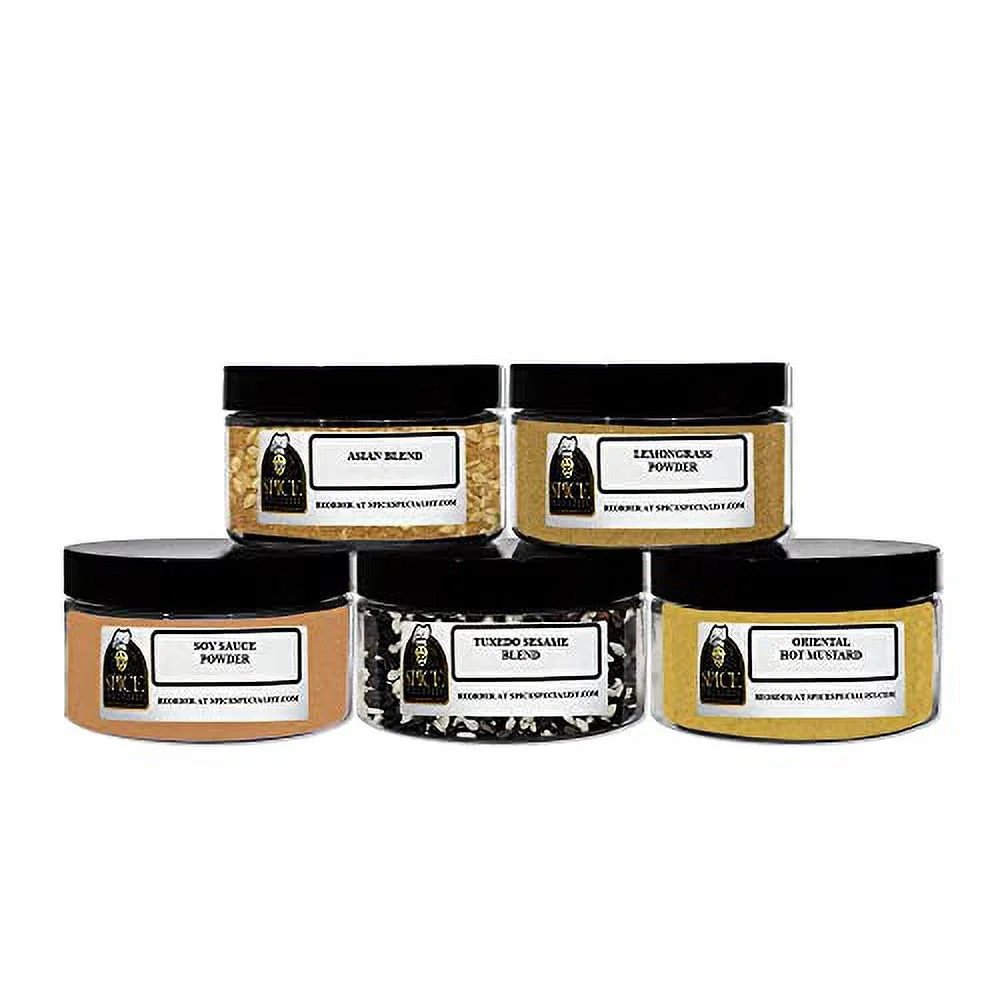 Asia Gift Set #1 - Our Asian Cuisine Set Contains: 5 Plastic Jars (1 Each Of: Asian Blend, Japanese Curry Powder, Soy Sauce Powder, Hot Oriental Mustard & Tuxedo Sesame Seeds)