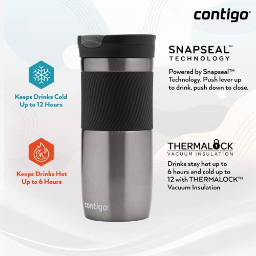 Contigo Byron Snapseal Travel Mug, Stainless Steel Thermal Mug, Vacuum Flask, Leakproof Tumbler, Coffee Mug with BPA Free Easy-Clean Lid, 590 ml, Black