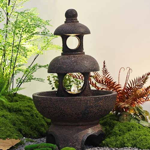 Outdoor Garden Water Fountain - Modern Tranquil Zen Pagoda Waterfalls Fountains Bowl with LED Lights & Pump for Patio Yard Porch Pool Decor, Gray, 35.5 inches
