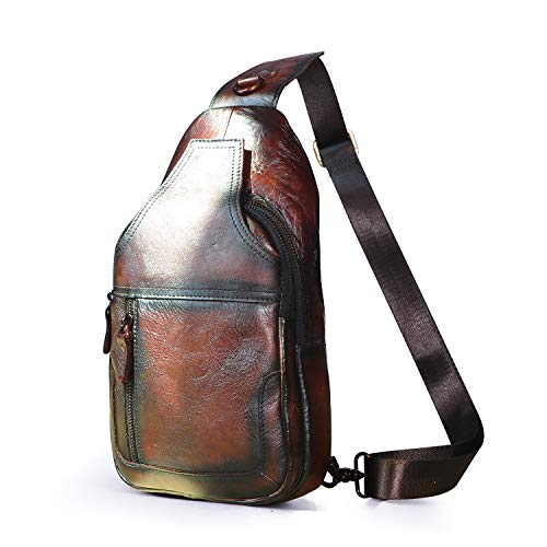 Le'aokuu Men Fashion Casual Tea Designer Travel Hiking Crossbody Chest Sling Bag Rig One Shoulder Strap Bag Men Leather 8015