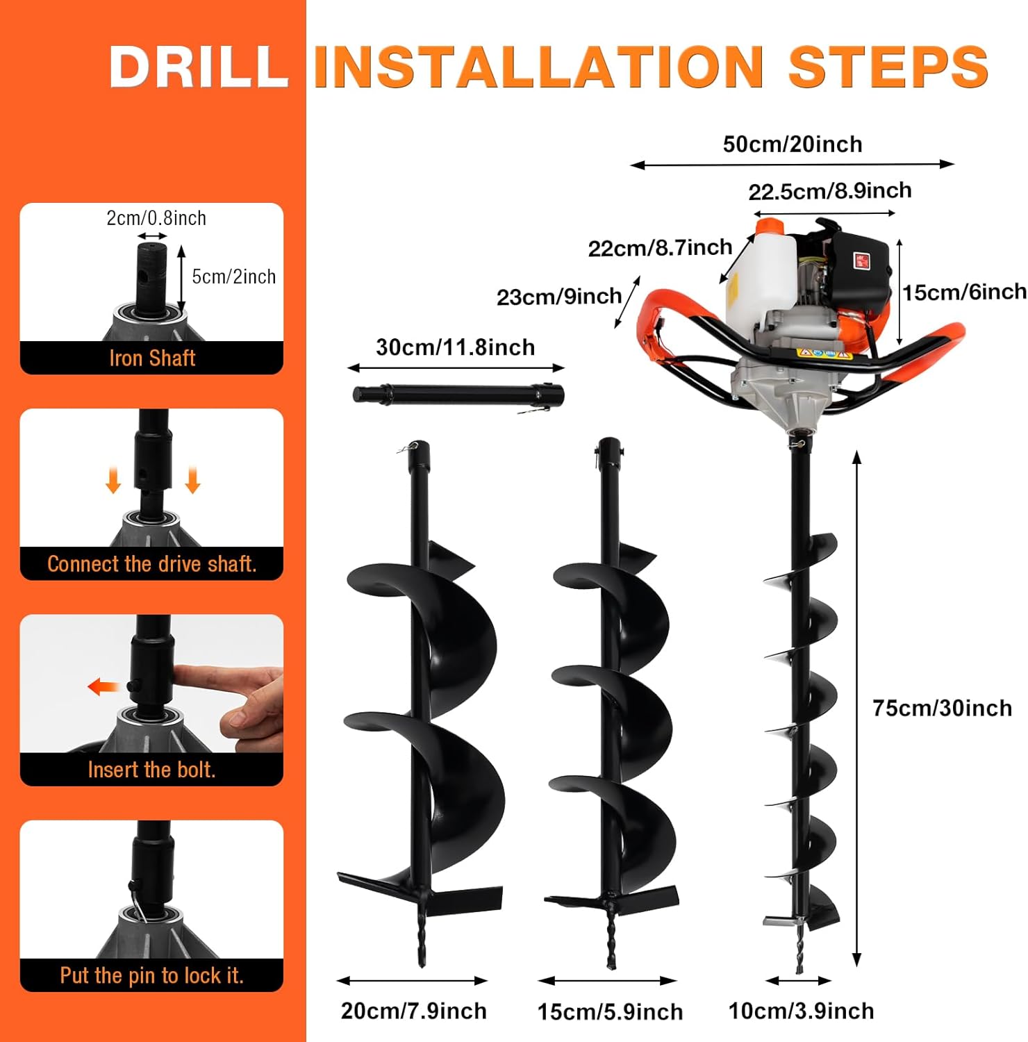 52cc Gas Powered Earth Auger Post Hole Digger Borer Fence Ground Drill with 4