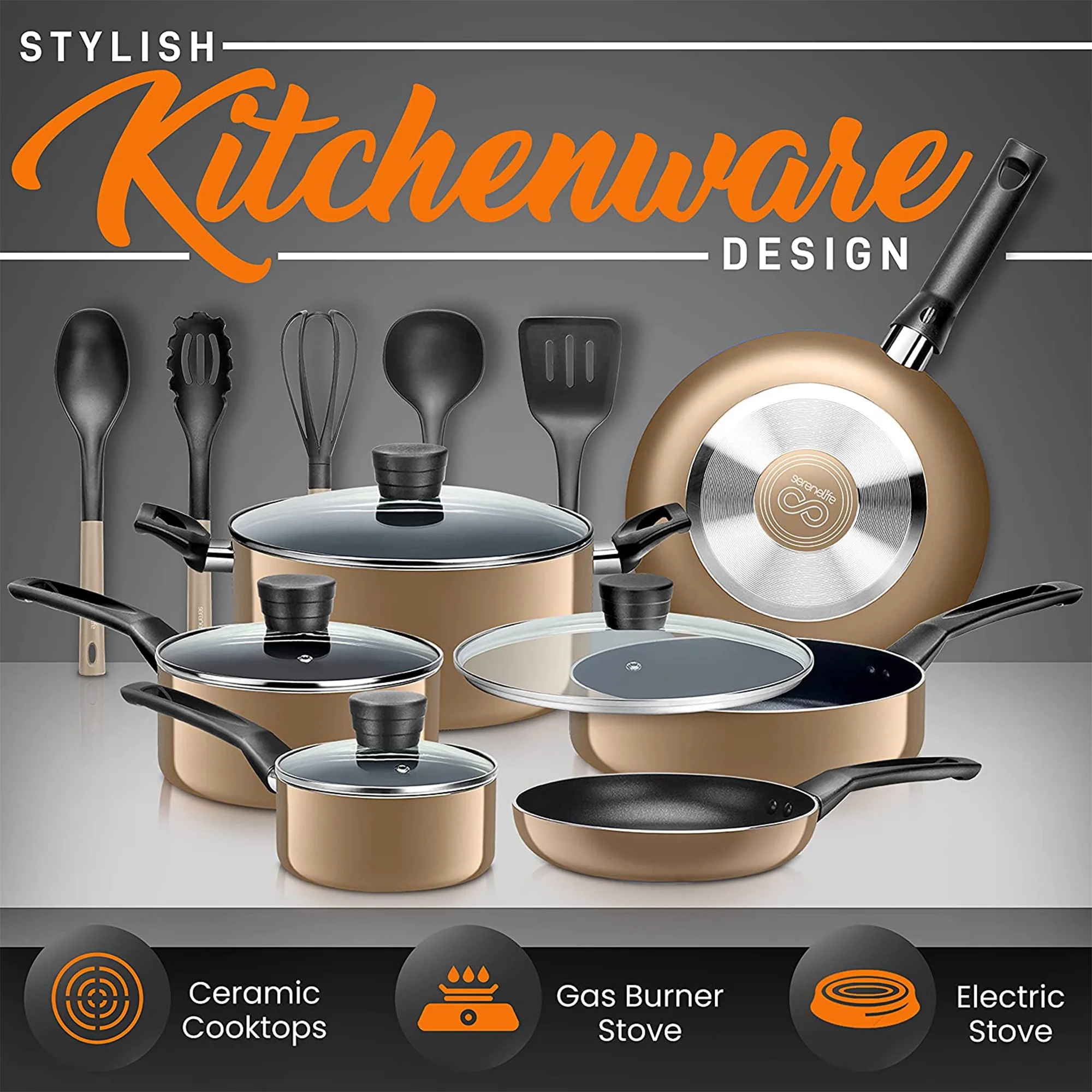 SereneLife 15 Piece Pots and Pans Home Non Stick Kitchenware Cookware Set