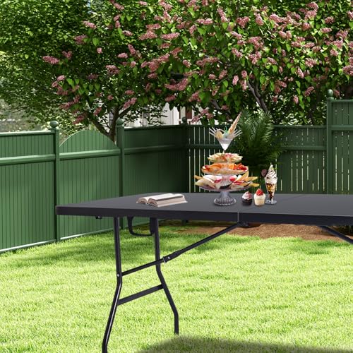 Folding Table 6ft Portable Heavy Duty Plastic Fold-in-Half 6 Foot Foldable Table Utility Dining Indoor Outdoor with Carrying Handle for Camping Picnic and Party, Black
