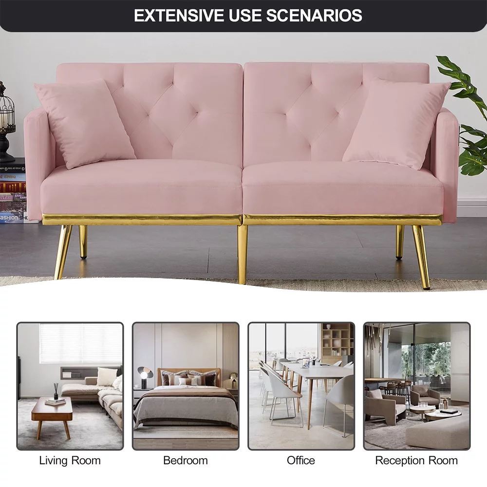 Pink Velvet Futon Couch, Folding Sleeper Sofa, Sofa Couch Bed with 2 Pillows, Modern Upholstered Loveseat Sofa with Gold Metal Legs, Sofa Bed for Living Room Bedroom, Furniture for Small Space Office