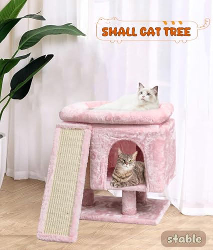 SYANDLVY Small Cat Tree for Indoor Large Cats, Kittens Condo with Scratching Post and Board, Modern Activity Tower with Cave (Beige)
