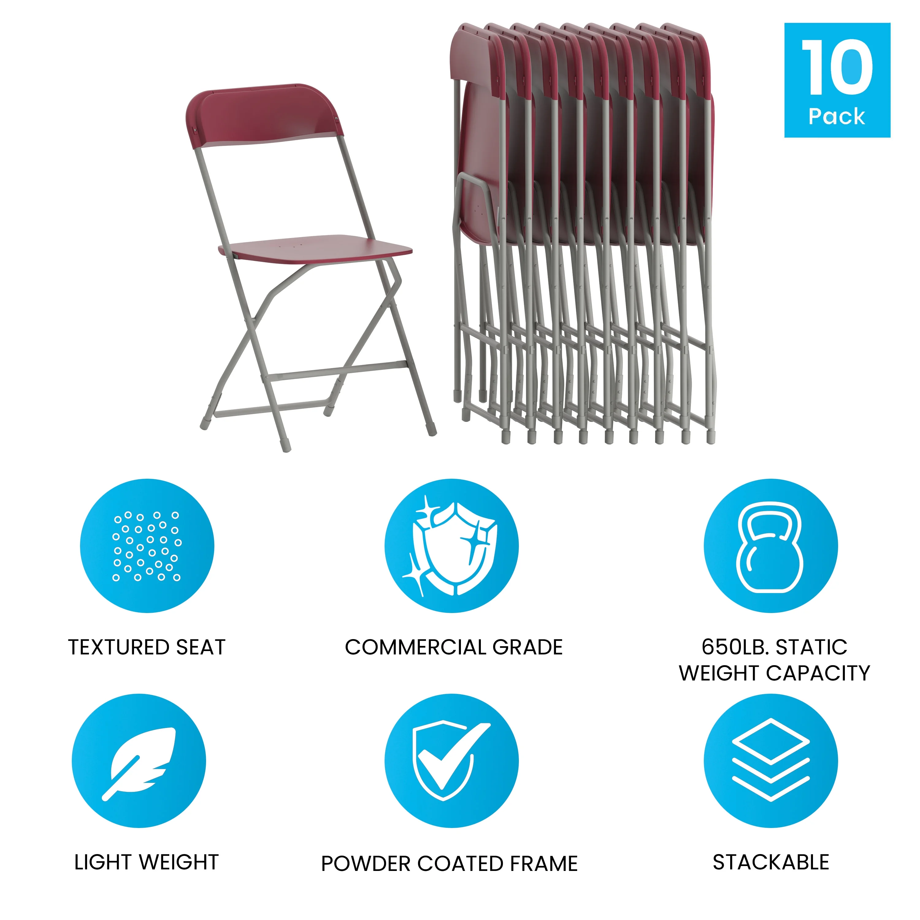 Emma + Oliver Set of 10 Red Stackable Folding Plastic Chairs - 650 LB Weight Capacity