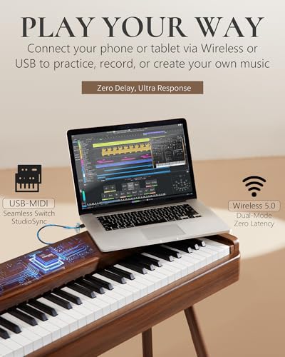 AKLOT Touchscreen Weighted Keyboard Piano: 88-Key Graded Hammer Action Digital Piano, Handcrafted Round-Edged Design, Triple Pedal, Stand, USB-MIDI, Headphone, Beginner Lesson Book (AUR-LS01 Walnut)