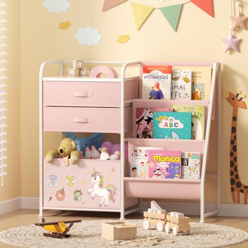 BBLIKE Kids Bookshelf and Toy Storage Organizer - 3 Tier Book Shelf with Movable Toy Box for Kids Rooms, Ideal Bookcase and Toy Organizer with 2 Drawers for Playroom, Bedroom, Nursery, Pink