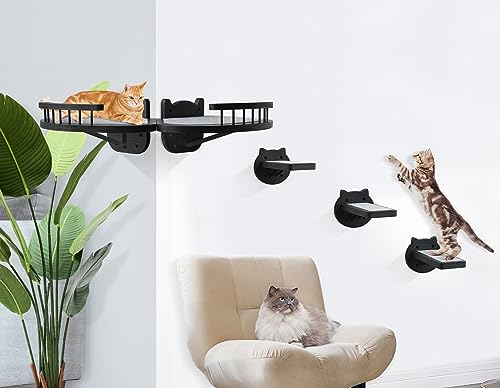 Wall-Mounted Cat Furniture - 2PCS Shelves and Perches With 3 Steps and Scratching Pad, Climbing Condo Fit for Cats Up to 15Lbs, Wood Hammock Mount (Black)