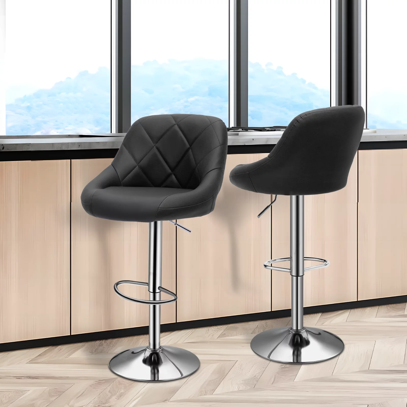Magshion Set of 2 Faux Leather Adjustable Bar Stools 360 Degree Swivel Barstools with Backrest Footrest Black