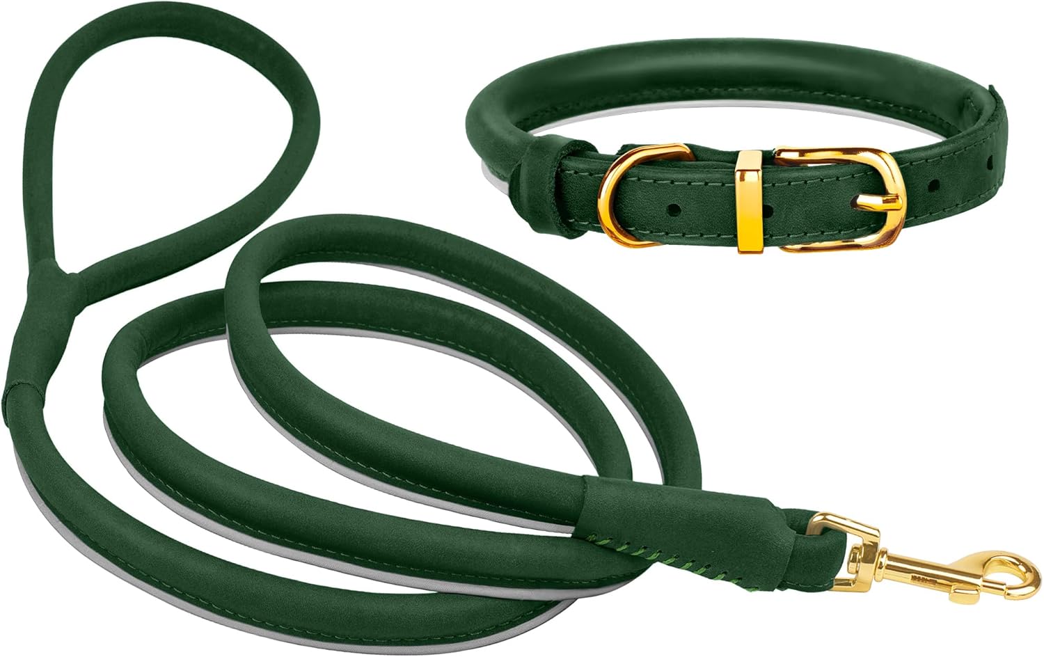 Small Rolled Leather Dog Collar and Leash Set Reflective 6ft Leather Leash with Dog Collar for Small Dogs Puppy, Green
