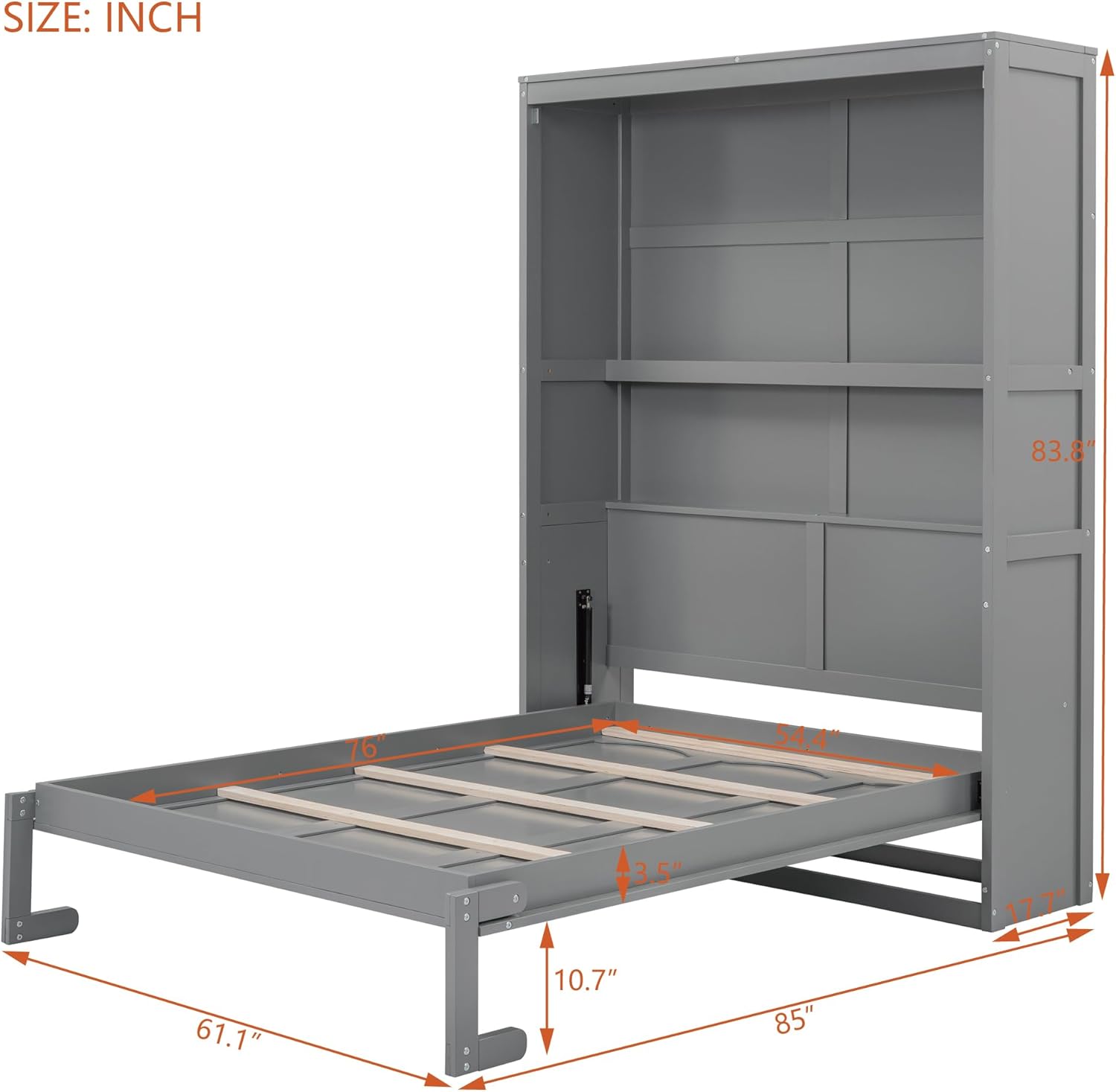 Bellemave Murphy Bed Full Size, Cabinet Bed Frame with Storage Shelves, Modern Wood Foldable Wall Bed for Home Office Studio, Gray
