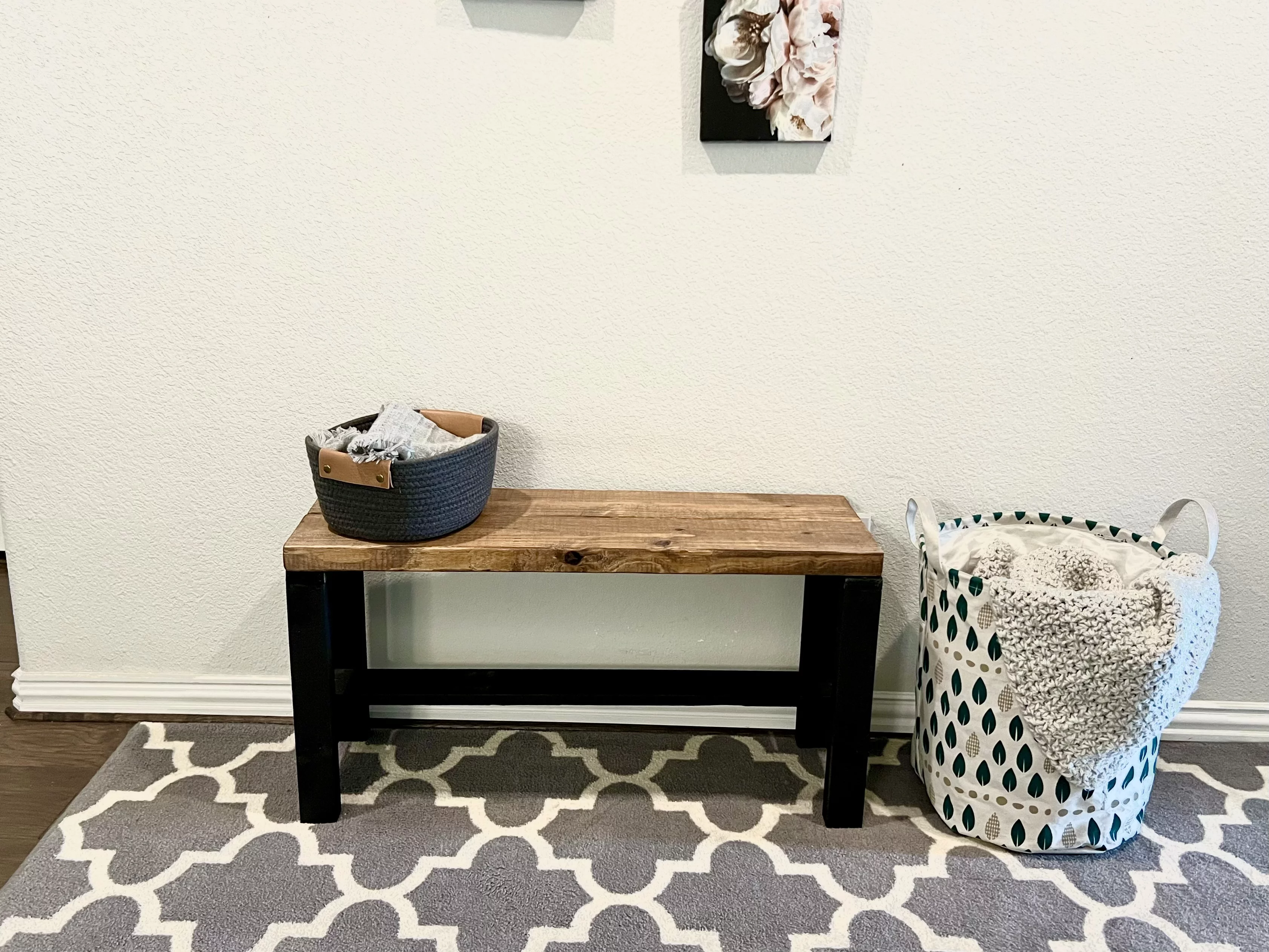 Rustic Bella Two Tone Real Solid Pine Wood Farmhouse Entryway Accent Bench, Black and Light Brown