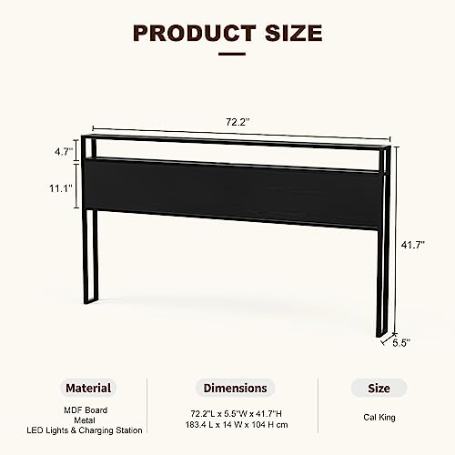 California King Size Storage Headboard with Charging Station - 2 Outlets & 2 USB Ports（1 Type C - LED Lights Storage Shelf Headboard, Industrial Cal King Headboard Only, Attach Frame - Black