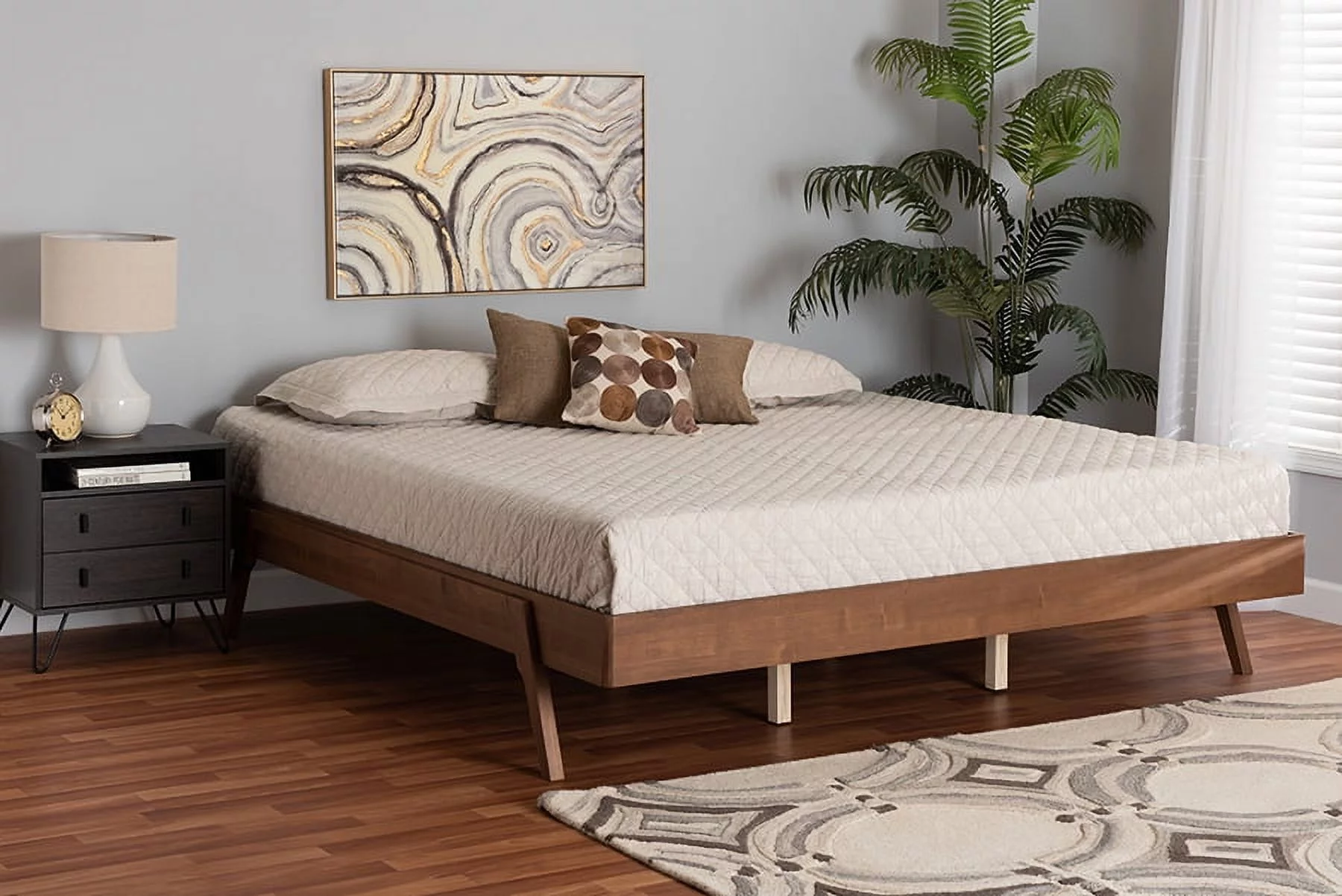 Baxton Studio Sarita Mid-Century Modern Ash Walnut Finished Wood King Size Bed Frame